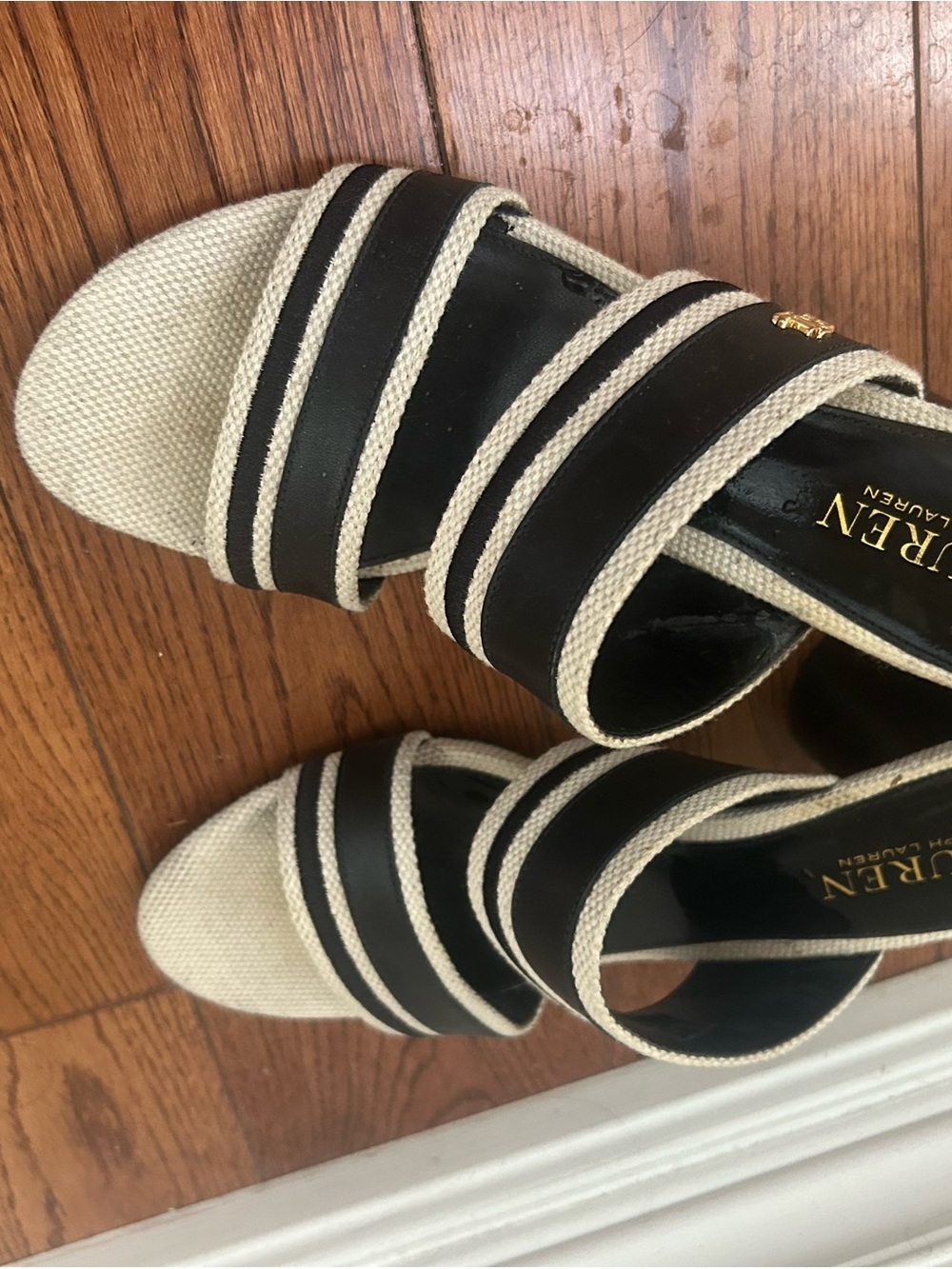 Ralph Lauren Black and Cream Striped Slide Heels